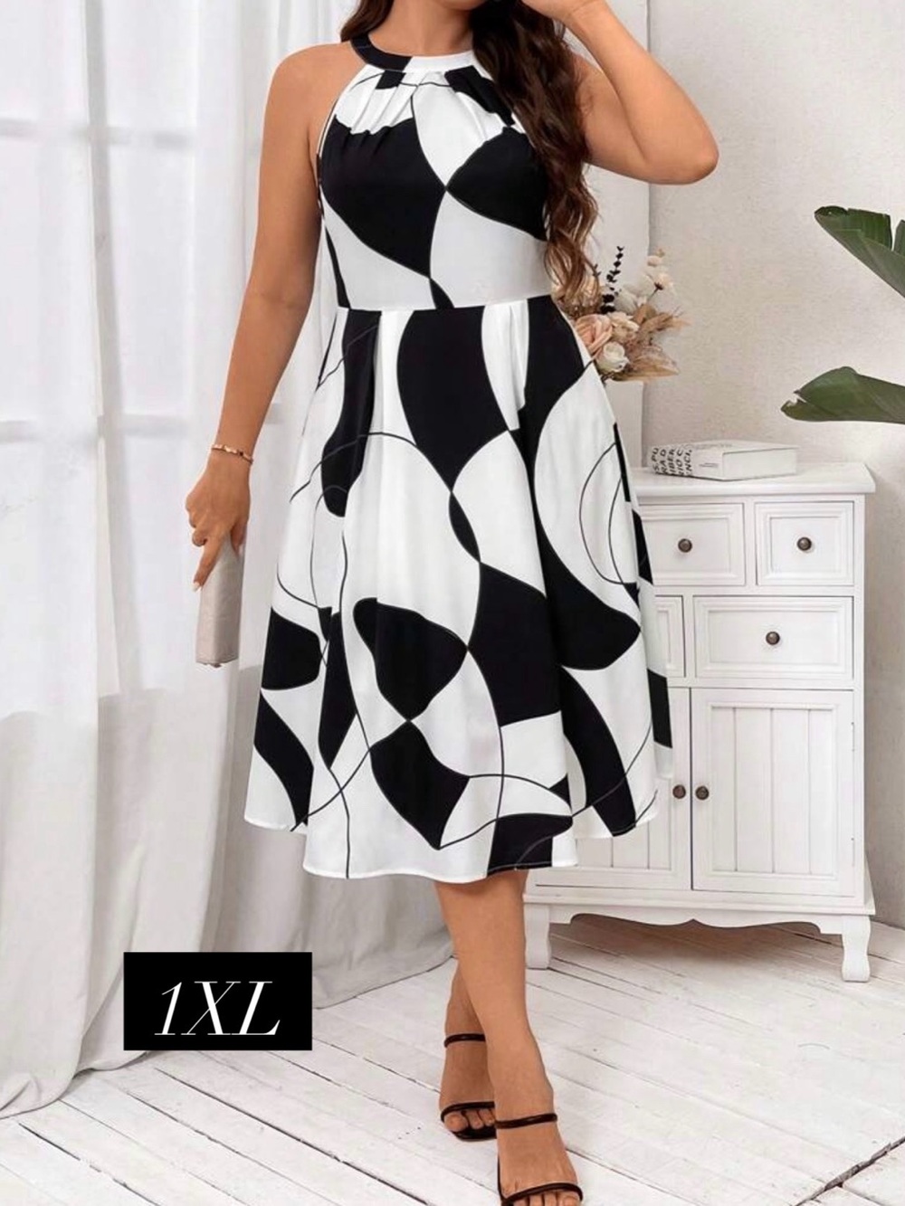 Black and White Halter Midi Dress - Women's Elegant Printed Dress